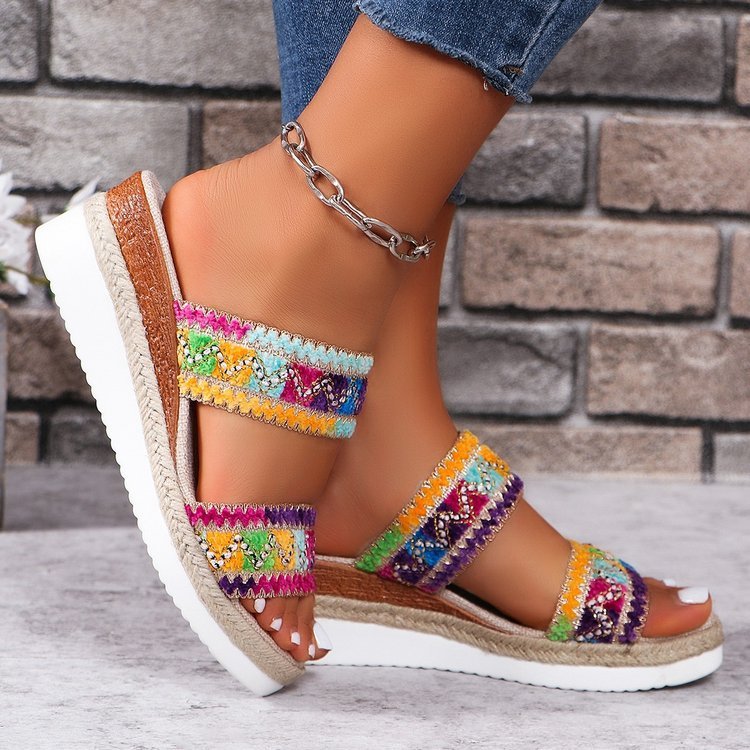 Ethnic Style Summer Sandals with Wide Strap Wedges for Women