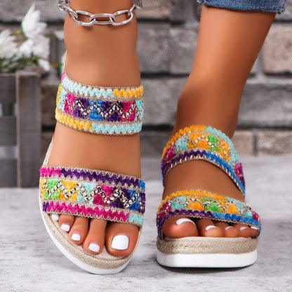 Ethnic Style Summer Sandals with Wide Strap Wedges for Women