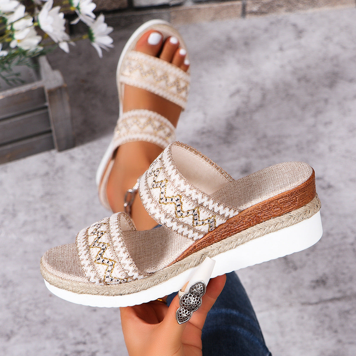 Ethnic Style Summer Sandals with Wide Strap Wedges for Women