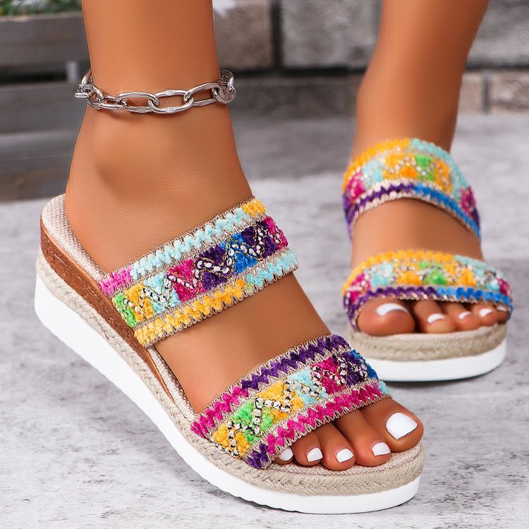 Ethnic Style Summer Sandals with Wide Strap Wedges for Women