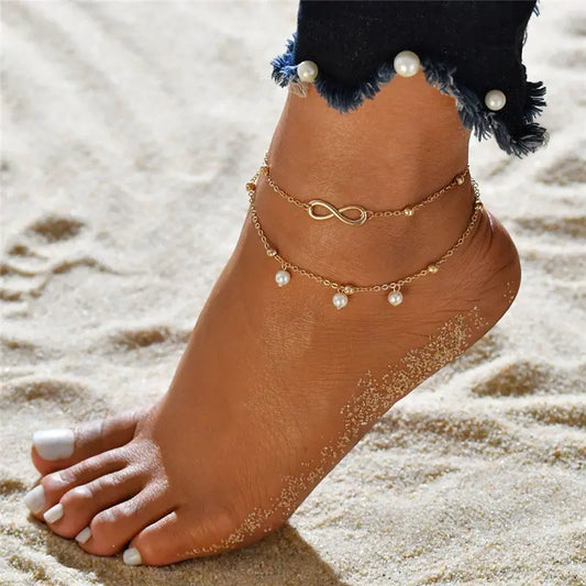 Pearl Stream Boho Double-Layer Anklets: Solar System Bracelet