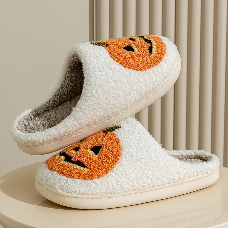 Zapatillas de mujer con forma de calabaza sonriente para Halloween, de invierno, para interior, con dibujos animados, cómodas, para el hogar, dormitorio, suaves, informales, planas, de felpa, para regalo