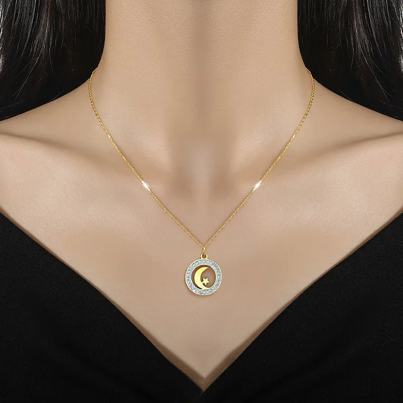 Round Moon Star Zircon Necklace