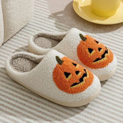 Zapatillas de mujer con forma de calabaza sonriente para Halloween, de invierno, para interior, con dibujos animados, cómodas, para el hogar, dormitorio, suaves, informales, planas, de felpa, para regalo