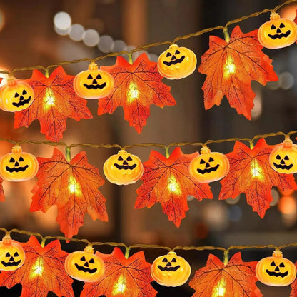 Guirnalda de hojas de arce artificiales de otoño con forma de calabaza, cadena de luces LED, decoraciones de otoño para Acción de Gracias, suministros para fiestas de Halloween