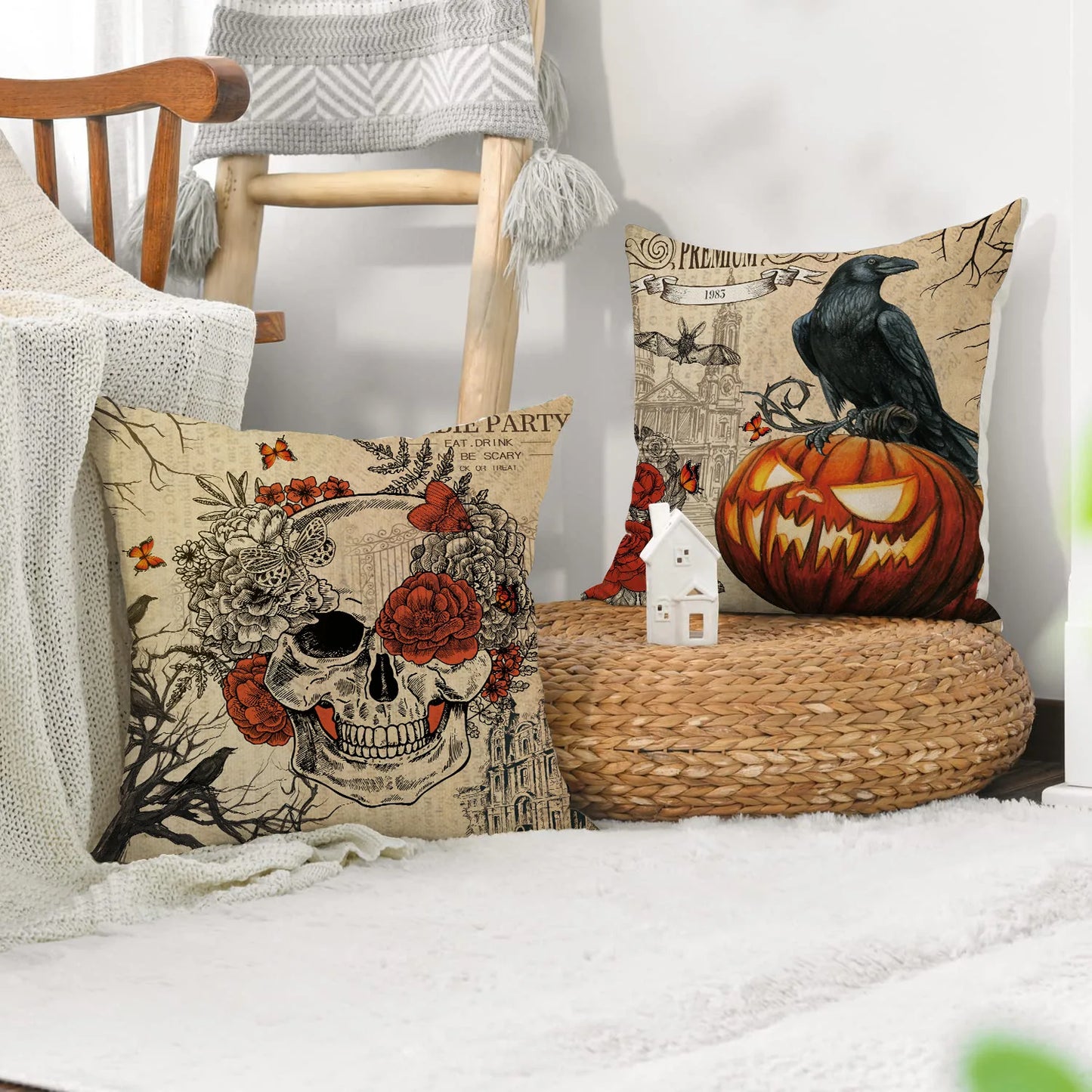 Set of 4 Skeleton Pumpkin Linen Throw Pillowcase Halloween Party Living Room Sofa Car Cushion Cover Halloween Decor