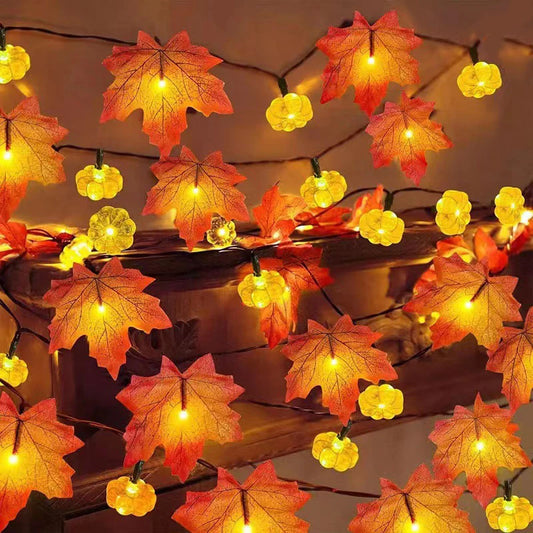 Guirnalda de hojas de arce artificiales de otoño con forma de calabaza, cadena de luces LED, decoraciones de otoño para Acción de Gracias, suministros para fiestas de Halloween