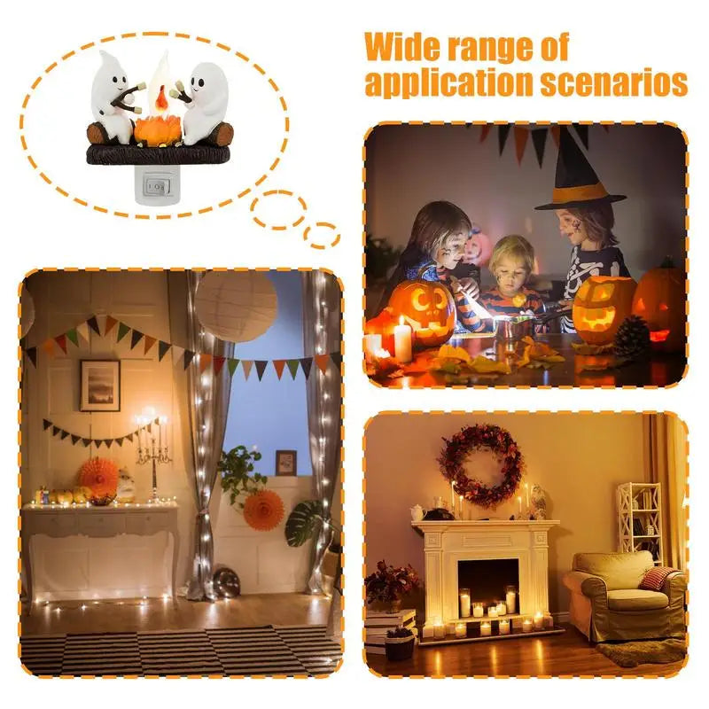 Luz de noche parpadeante con forma de fogata fantasma, luz de noche con llama parpadeante, luz LED 3D, pequeña linterna eléctrica de imitación, decoración de Halloween para interiores