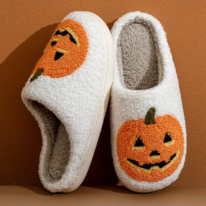 Zapatillas de mujer con forma de calabaza sonriente para Halloween, de invierno, para interior, con dibujos animados, cómodas, para el hogar, dormitorio, suaves, informales, planas, de felpa, para regalo