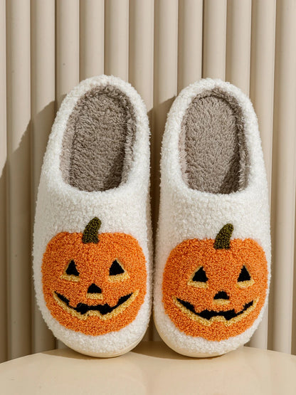 Zapatillas de mujer con forma de calabaza sonriente para Halloween, de invierno, para interior, con dibujos animados, cómodas, para el hogar, dormitorio, suaves, informales, planas, de felpa, para regalo