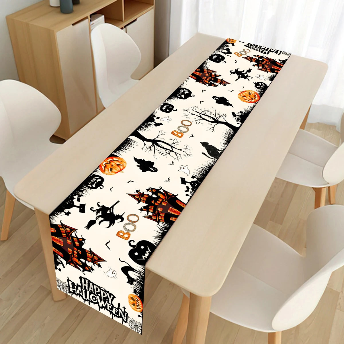 Halloween Table Runner Happy Halloween Party Decorations For Home 2024 Ghost Pumpkin Witch Bat Kitchen Dining Table Runner