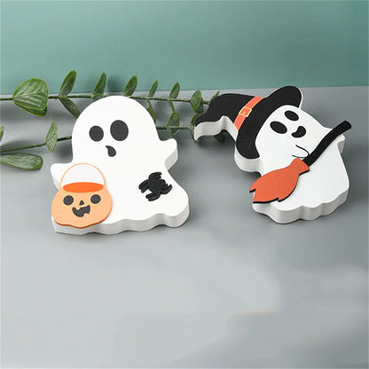 Halloween Party Wooden Ornaments Sign Ghost Black Cat Bat  Broom Decorations Indoor Kitchen Table Tray Room Decor