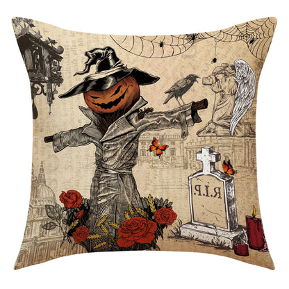 Set of 4 Skeleton Pumpkin Linen Throw Pillowcase Halloween Party Living Room Sofa Car Cushion Cover Halloween Decor