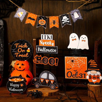 Halloween Tiered Tray Decor Set Cute Wooden Black Orange Tray Wooden Sign Ghost Wooden Halloween Theme Party for Home Decoration