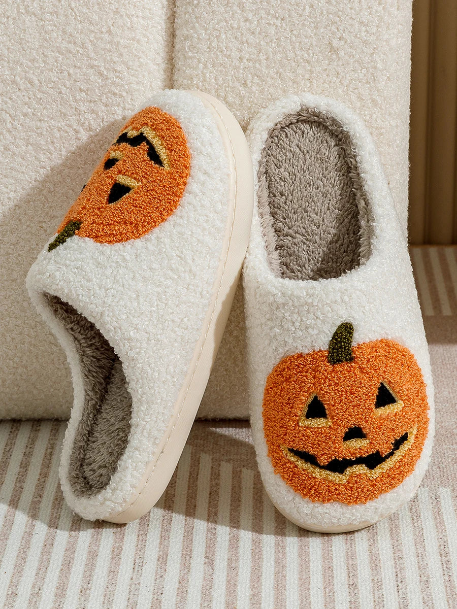 Zapatillas de mujer con forma de calabaza sonriente para Halloween, de invierno, para interior, con dibujos animados, cómodas, para el hogar, dormitorio, suaves, informales, planas, de felpa, para regalo