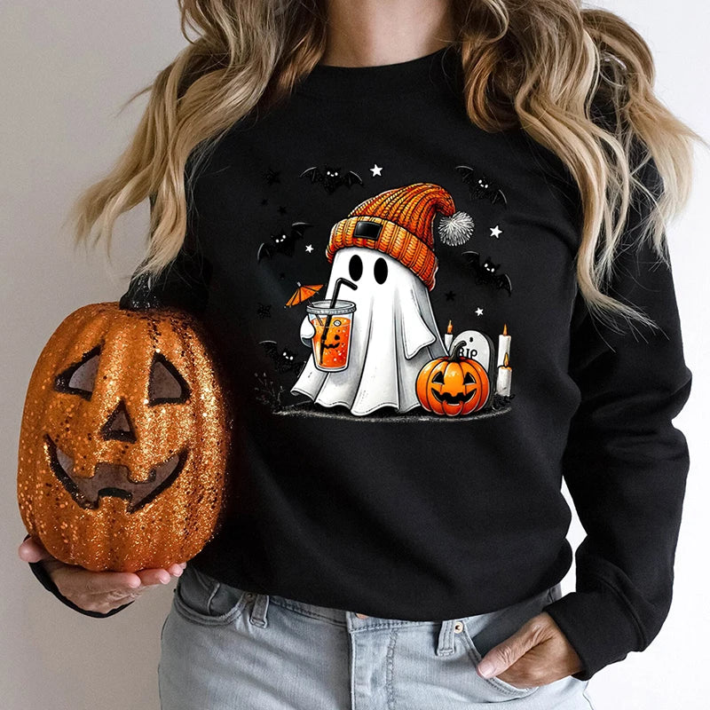 New Women's Sweatshirt Halloween Ghost Pumpkin Bat Print Round Neck Pullovers Ladies Autumn Winter Casual Halloween Sweatshirt