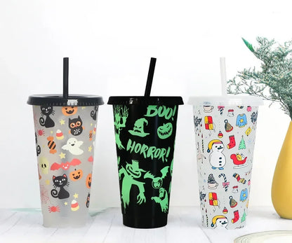 Vasos de agua creativos reutilizables con pajitas de 710 ml que cambian de color Vaso mágico de plástico para agua fría que cambia de color para Halloween