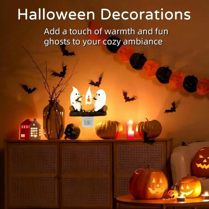 Luz de noche parpadeante con forma de fogata fantasma, luz de noche con llama parpadeante, luz LED 3D, pequeña linterna eléctrica de imitación, decoración de Halloween para interiores