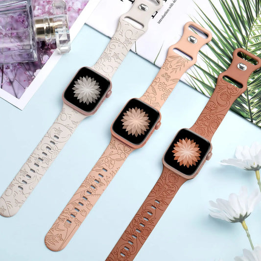 Floral Engraved Band Silicone For Apple Watch 40mm 44mm