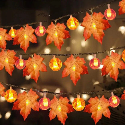 Guirnalda de hojas de arce artificiales de otoño con forma de calabaza, cadena de luces LED, decoraciones de otoño para Acción de Gracias, suministros para fiestas de Halloween