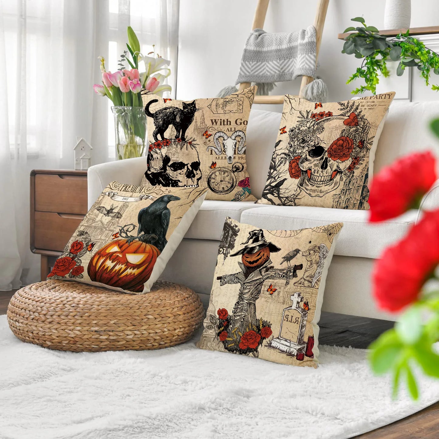 Set of 4 Skeleton Pumpkin Linen Throw Pillowcase Halloween Party Living Room Sofa Car Cushion Cover Halloween Decor