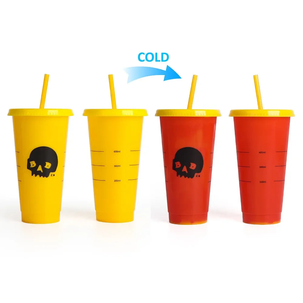 Vasos de agua creativos reutilizables con pajitas de 710 ml que cambian de color Vaso mágico de plástico para agua fría que cambia de color para Halloween