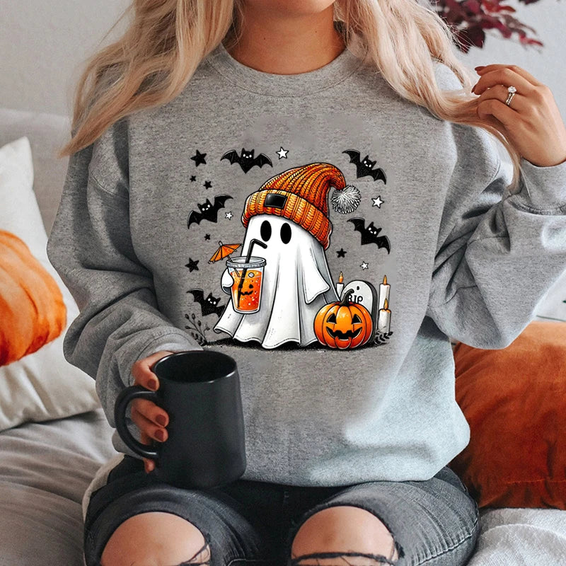 New Women's Sweatshirt Halloween Ghost Pumpkin Bat Print Round Neck Pullovers Ladies Autumn Winter Casual Halloween Sweatshirt