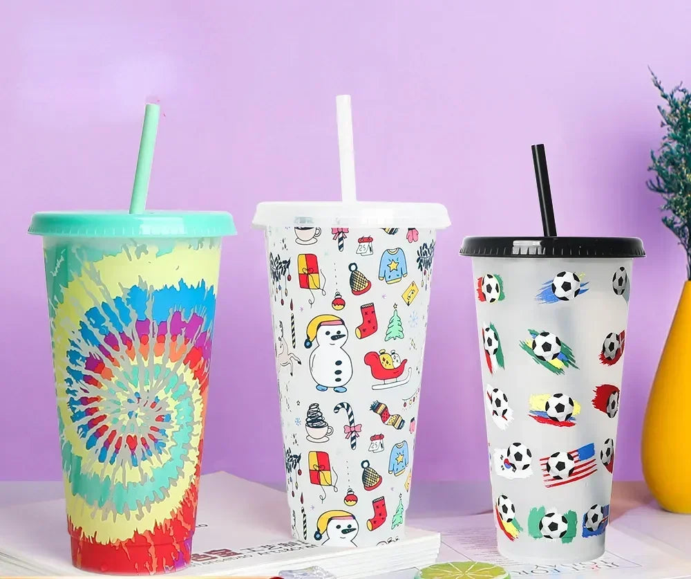 Vasos de agua creativos reutilizables con pajitas de 710 ml que cambian de color Vaso mágico de plástico para agua fría que cambia de color para Halloween