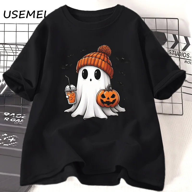 Halloween Ghost Coffee T Shirt Cotton Short Sleeve Cute Ghost Womens Halloween T-Shirt Fall Spooky Season Tshirt Unisex Clothes