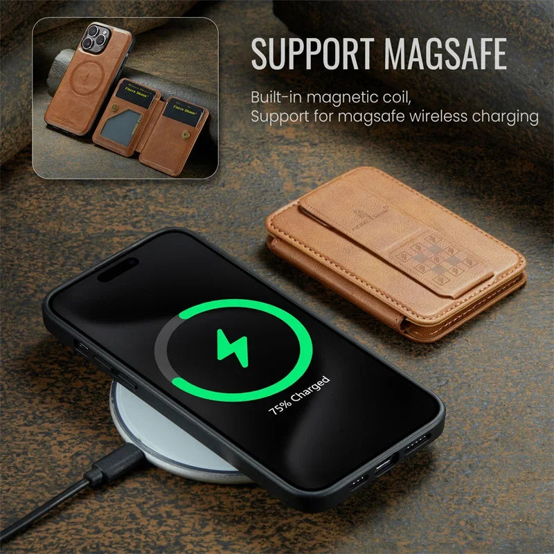 Funda de cuero de lujo para teléfono con billetera para iPhone 16 Pro 15 14 13 12Pro 11 XS Pro Max compatible con carga inalámbrica magnética MagSafe