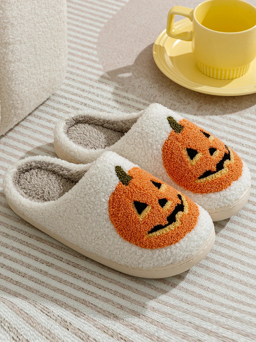 Zapatillas de mujer con forma de calabaza sonriente para Halloween, de invierno, para interior, con dibujos animados, cómodas, para el hogar, dormitorio, suaves, informales, planas, de felpa, para regalo