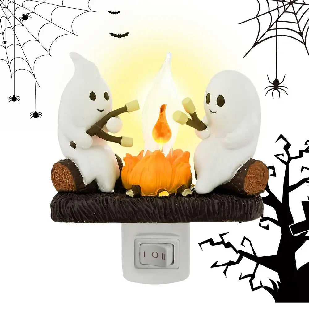 Luz de noche parpadeante con forma de fogata fantasma, luz de noche con llama parpadeante, luz LED 3D, pequeña linterna eléctrica de imitación, decoración de Halloween para interiores