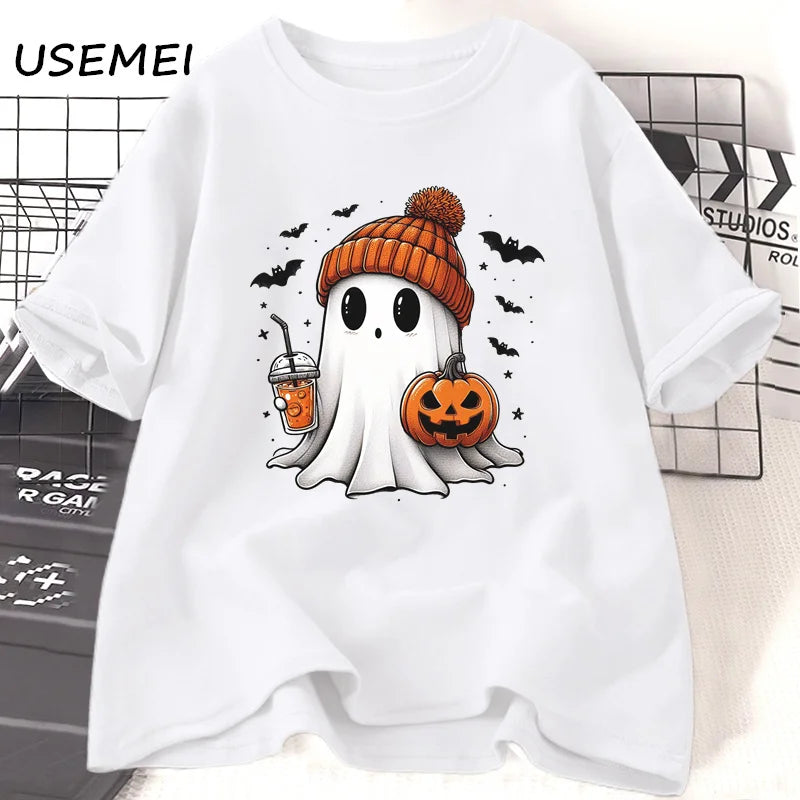 Halloween Ghost Coffee T Shirt Cotton Short Sleeve Cute Ghost Womens Halloween T-Shirt Fall Spooky Season Tshirt Unisex Clothes