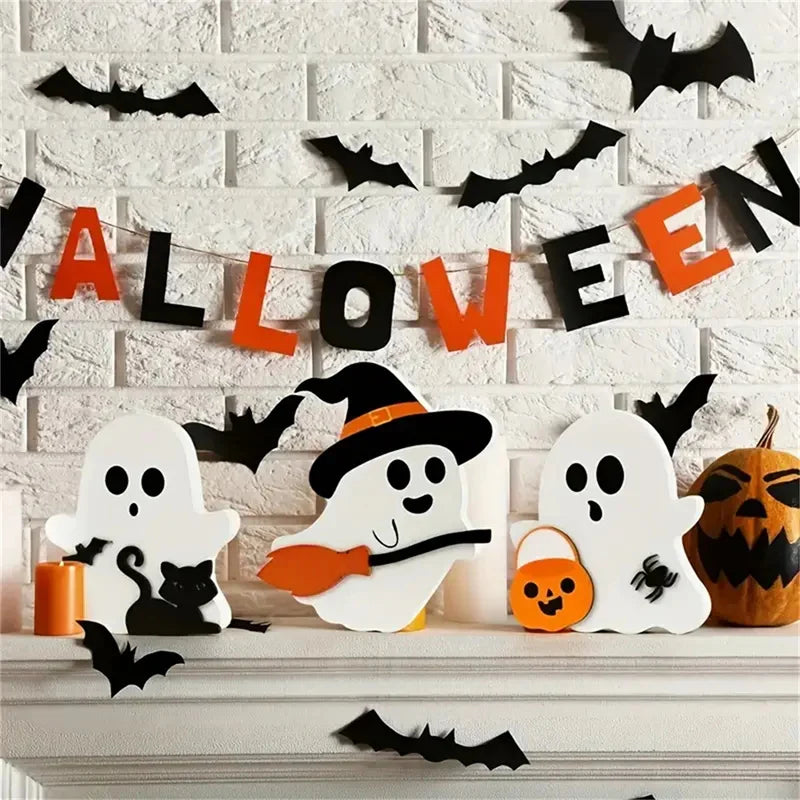 Halloween Party Wooden Ornaments Sign Ghost Black Cat Bat  Broom Decorations Indoor Kitchen Table Tray Room Decor