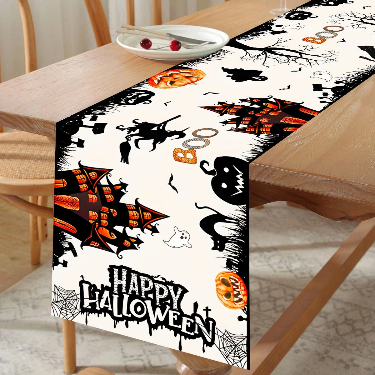 Halloween Table Runner Happy Halloween Party Decorations For Home 2024 Ghost Pumpkin Witch Bat Kitchen Dining Table Runner