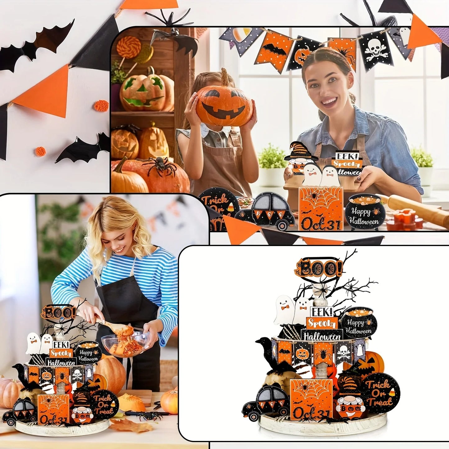 Halloween Tiered Tray Decor Set Cute Wooden Black Orange Tray Wooden Sign Ghost Wooden Halloween Theme Party for Home Decoration