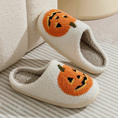 Zapatillas de mujer con forma de calabaza sonriente para Halloween, de invierno, para interior, con dibujos animados, cómodas, para el hogar, dormitorio, suaves, informales, planas, de felpa, para regalo