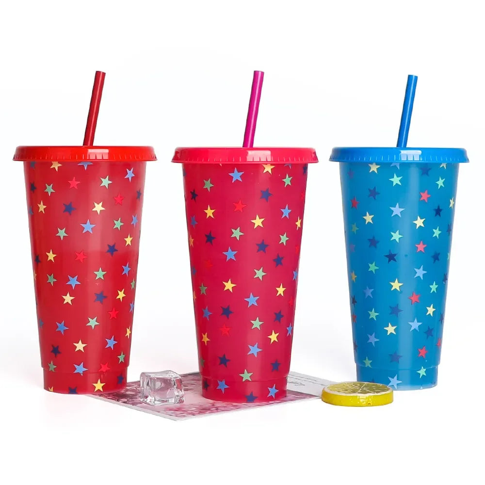 Vasos de agua creativos reutilizables con pajitas de 710 ml que cambian de color Vaso mágico de plástico para agua fría que cambia de color para Halloween