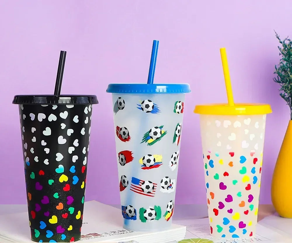 Vasos de agua creativos reutilizables con pajitas de 710 ml que cambian de color Vaso mágico de plástico para agua fría que cambia de color para Halloween