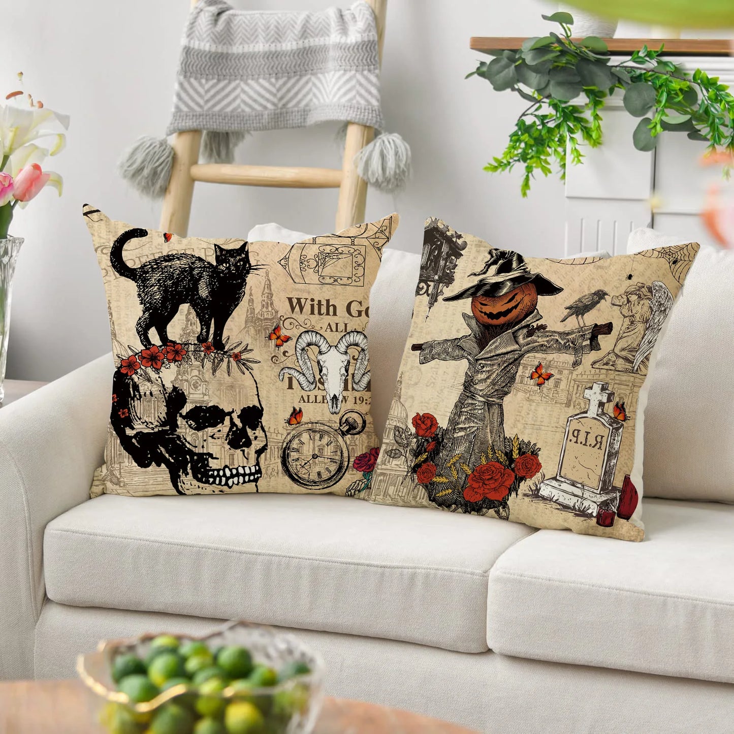 Set of 4 Skeleton Pumpkin Linen Throw Pillowcase Halloween Party Living Room Sofa Car Cushion Cover Halloween Decor