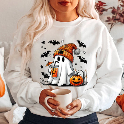 New Women's Sweatshirt Halloween Ghost Pumpkin Bat Print Round Neck Pullovers Ladies Autumn Winter Casual Halloween Sweatshirt