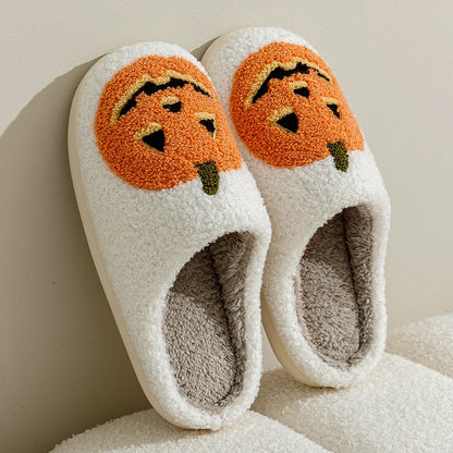 Zapatillas de mujer con forma de calabaza sonriente para Halloween, de invierno, para interior, con dibujos animados, cómodas, para el hogar, dormitorio, suaves, informales, planas, de felpa, para regalo