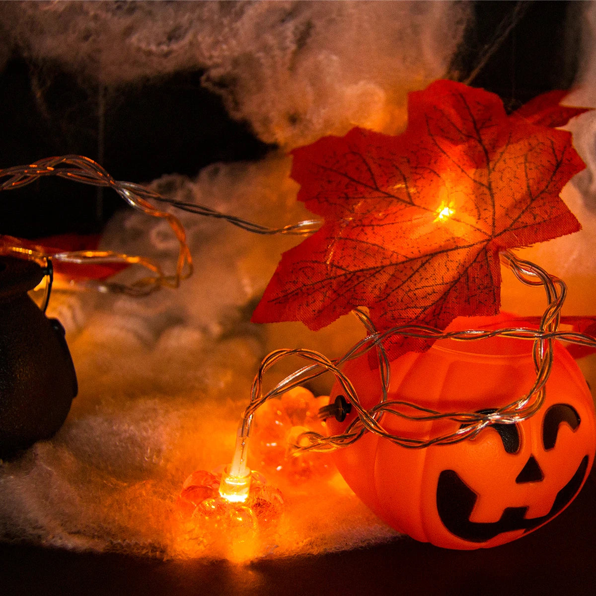 Guirnalda de hojas de arce artificiales de otoño con forma de calabaza, cadena de luces LED, decoraciones de otoño para Acción de Gracias, suministros para fiestas de Halloween