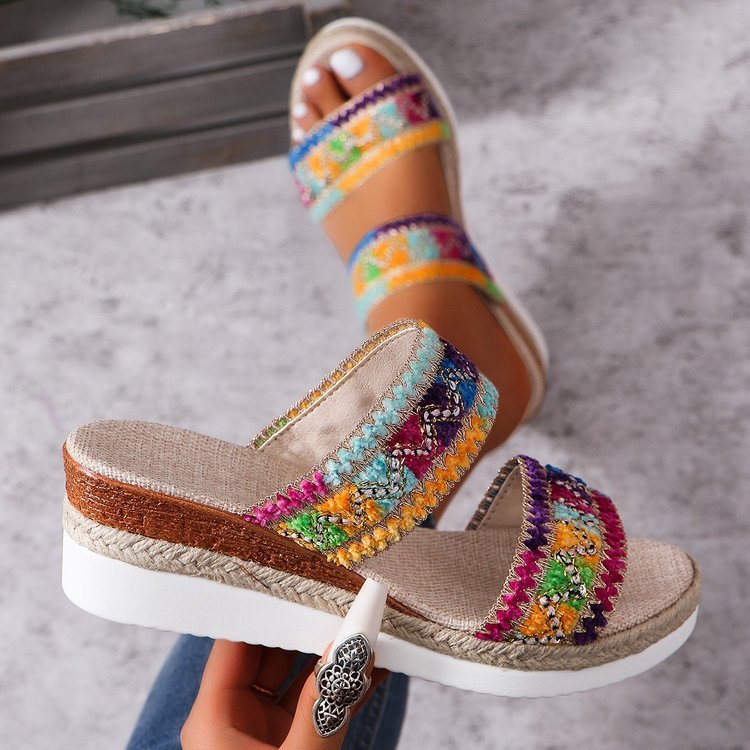 Ethnic Style Summer Sandals with Wide Strap Wedges for Women